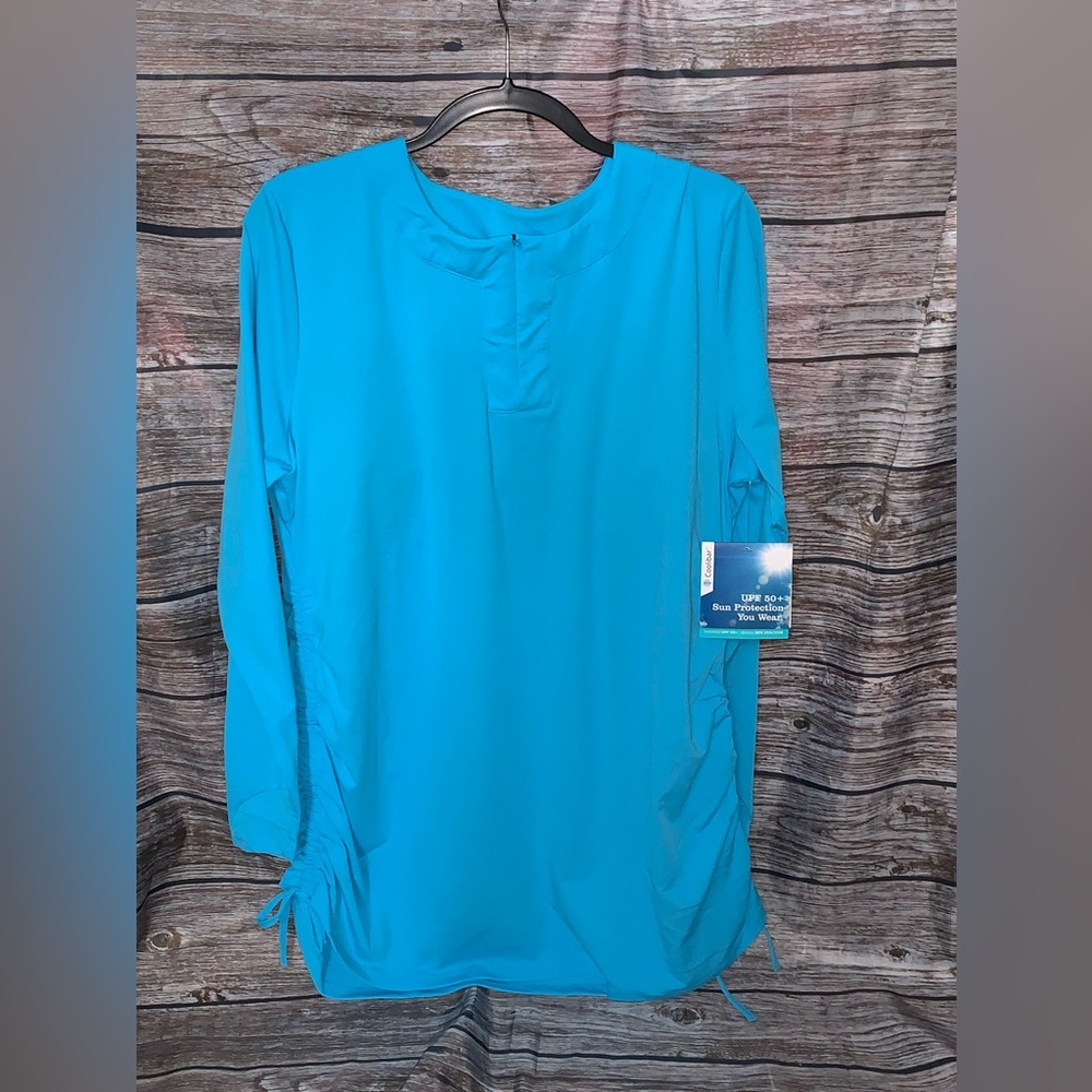 Coolibar Blue 3/4 Sleeve Mandarin Collar Button Down Shirt